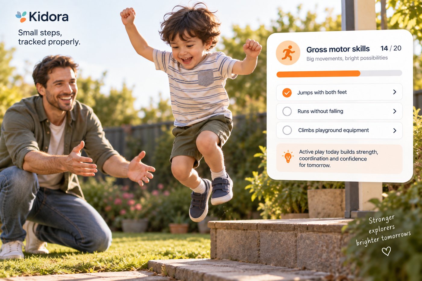A preschooler jumps off a low garden step with both arms raised while his father crouches nearby with open hands. A Kidora card shows a gross motor skills score of 14 out of 20 with jumps with both feet ticked.